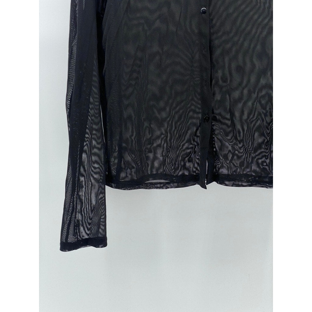 SUGAR RAIN Women’s Black Sheer Button-Up Long Sleeve Top SZ XL