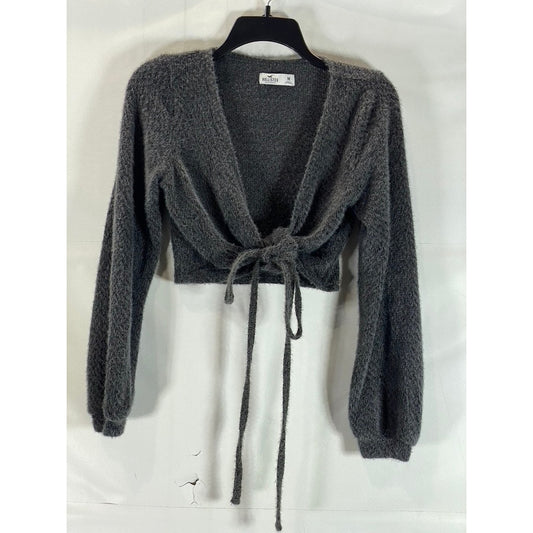 HOLLISTER Women's Gray Open Front Knit Waist Tie Long Sleeve Crop Sweater SZ M