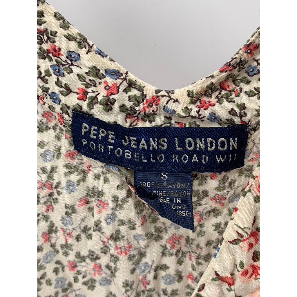 PEPE JEANS LONDON Women's Vintage Beige Floral Print V-Neck Wrap Mini Dress SZ S