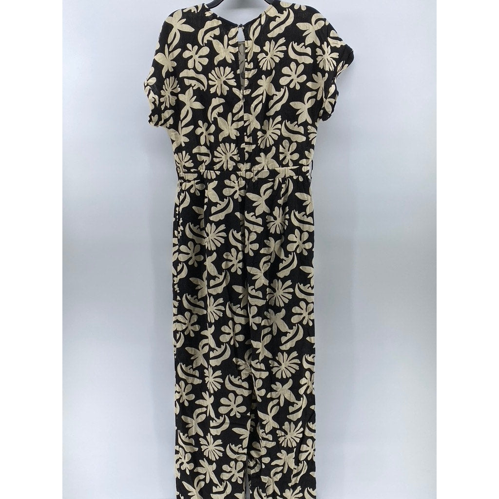 LOST & WONDER Women's Black-Beige Tropic Flair Printed Crewneck Jumpsuit SZ L