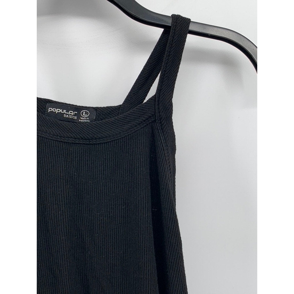 POPULAR BASICS Women’s Black Ribbed Scoop-Neck Sleeveless Cropped Top SZ L