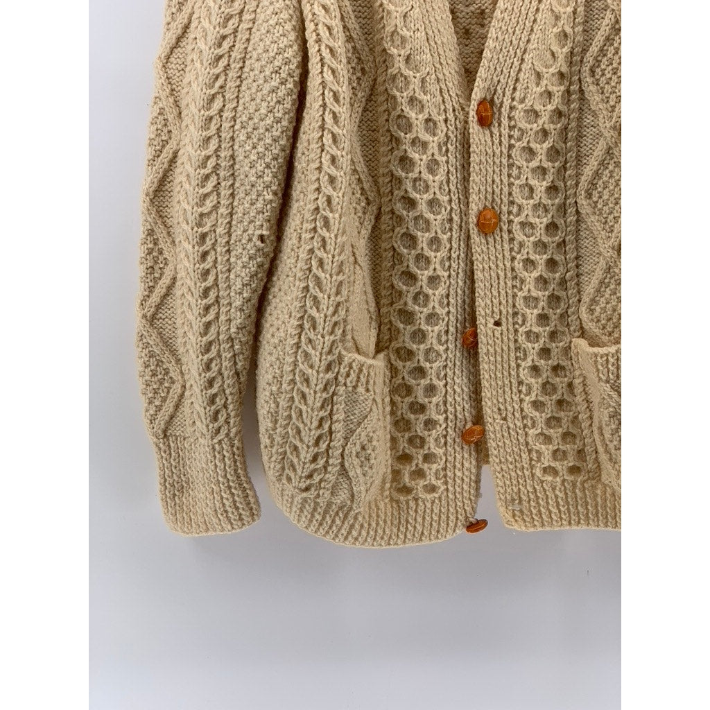 JOHN MOLLOY Men's Beige Vintage Wool Cable Knit Cardigan SZ L