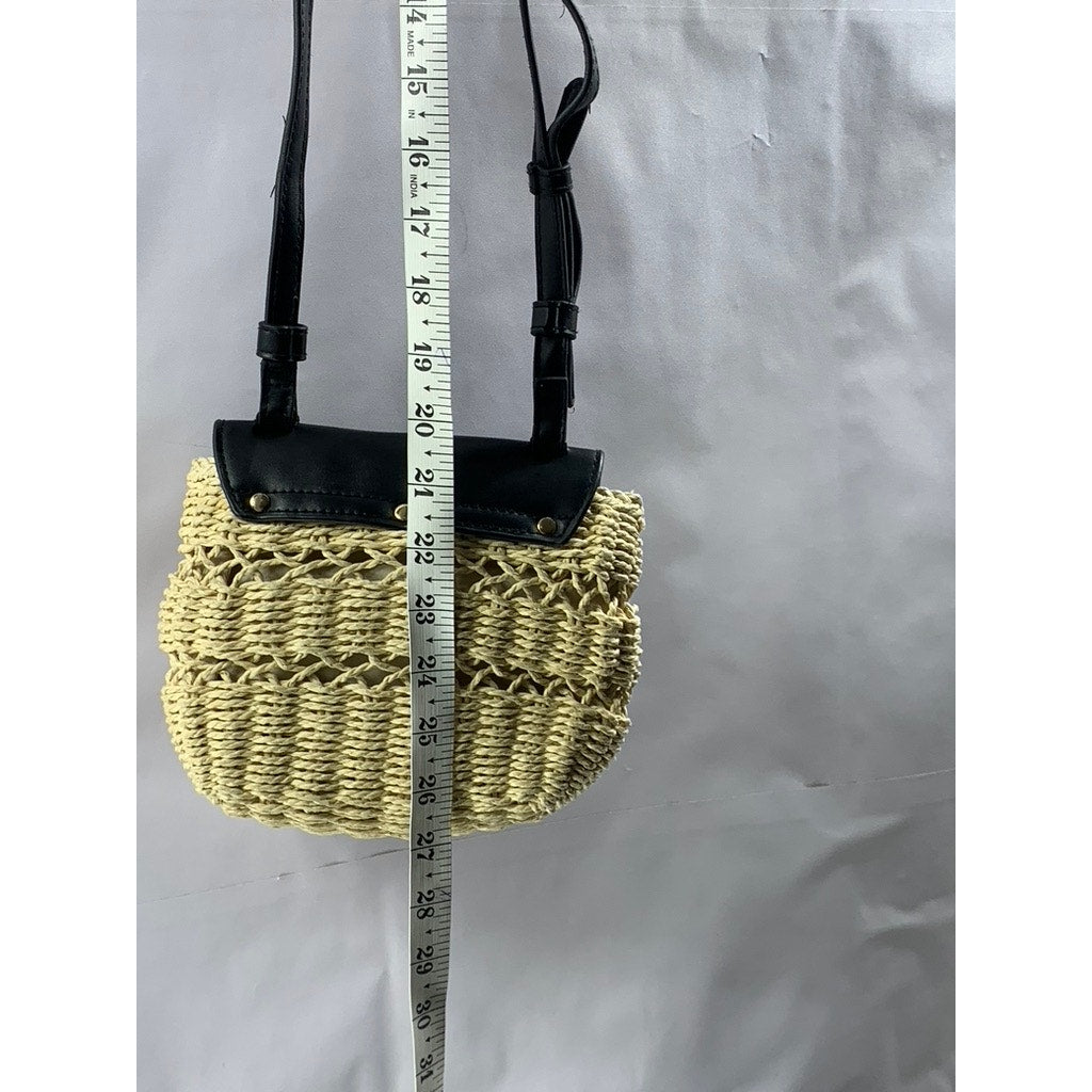 A NEW DAY Women's Black-Tan Straw Flap Snap Button Shoulder Cross-Body Bag