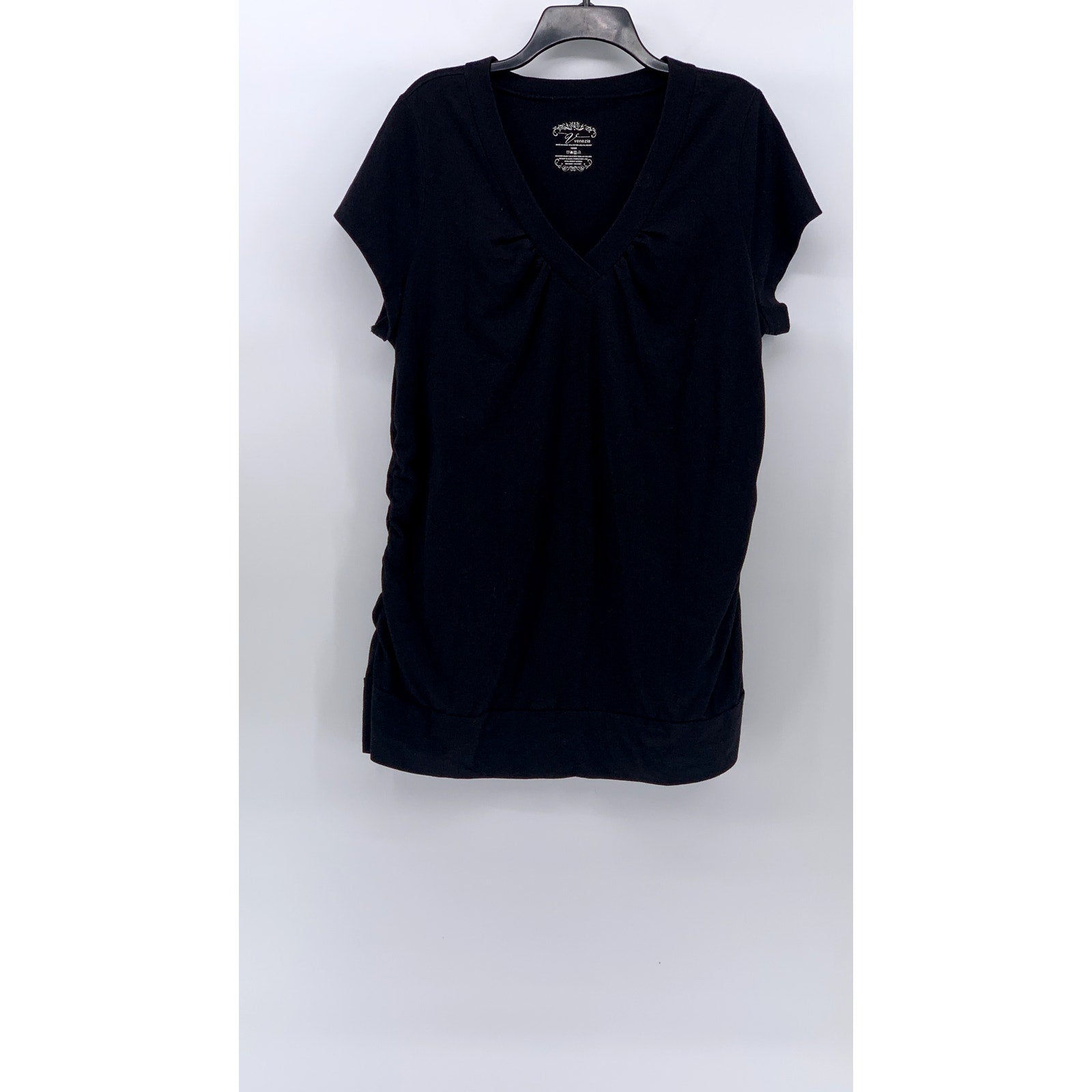 VENEZIA Women's Black Solid V-Neck Side-Ruched Short Sleeve Top SZ 18/20