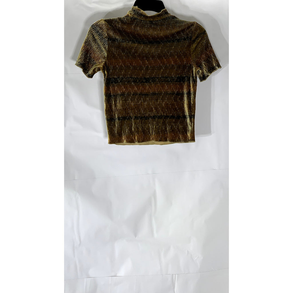 ZARA Women's Brown Printed Crinkle Velvet Mock-Neck Short Sleeve Top SZ S