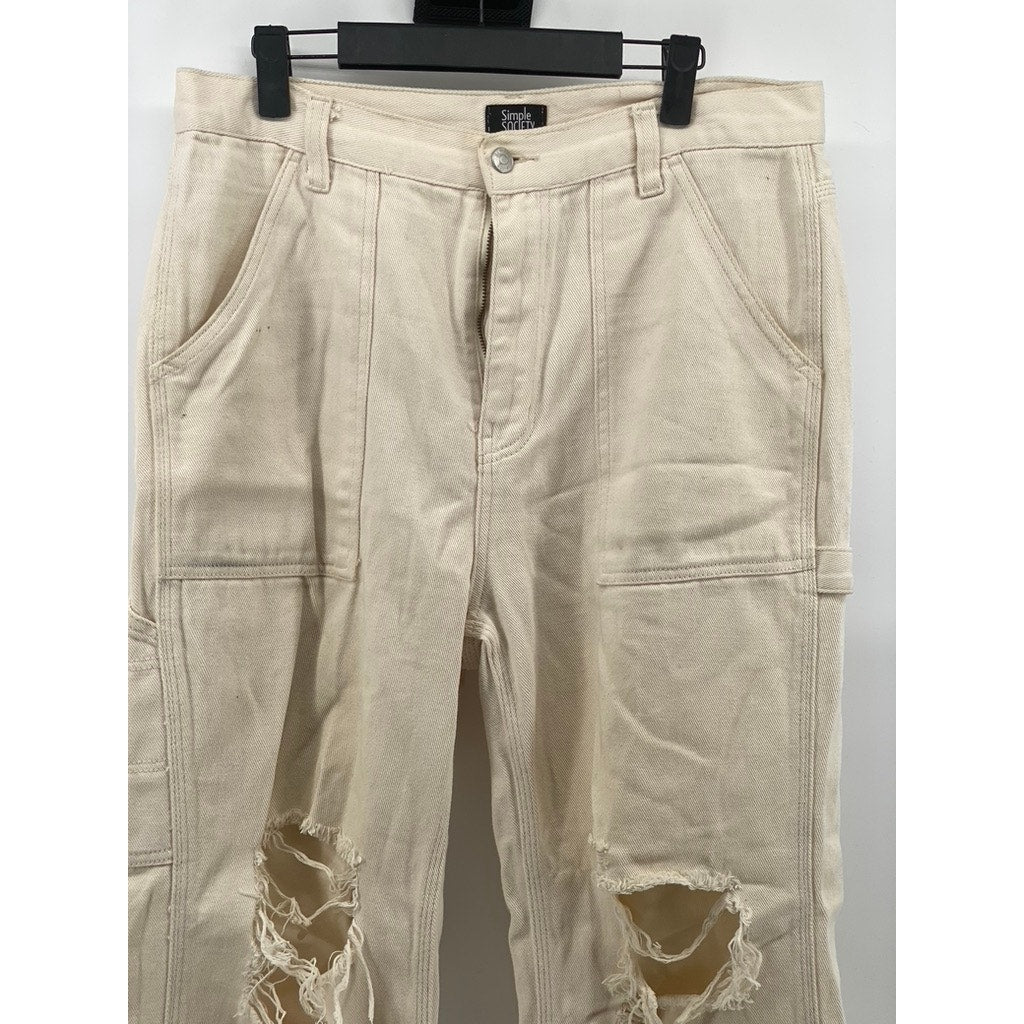SIMPLE SOCIETY Women's Beige Denim Carpenter Raw-Hem Distressed Mom Jean SZ13/31