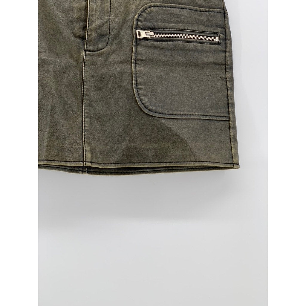 MNG Women's Olive Green Faux Leather Short Mini Skirt SZ M