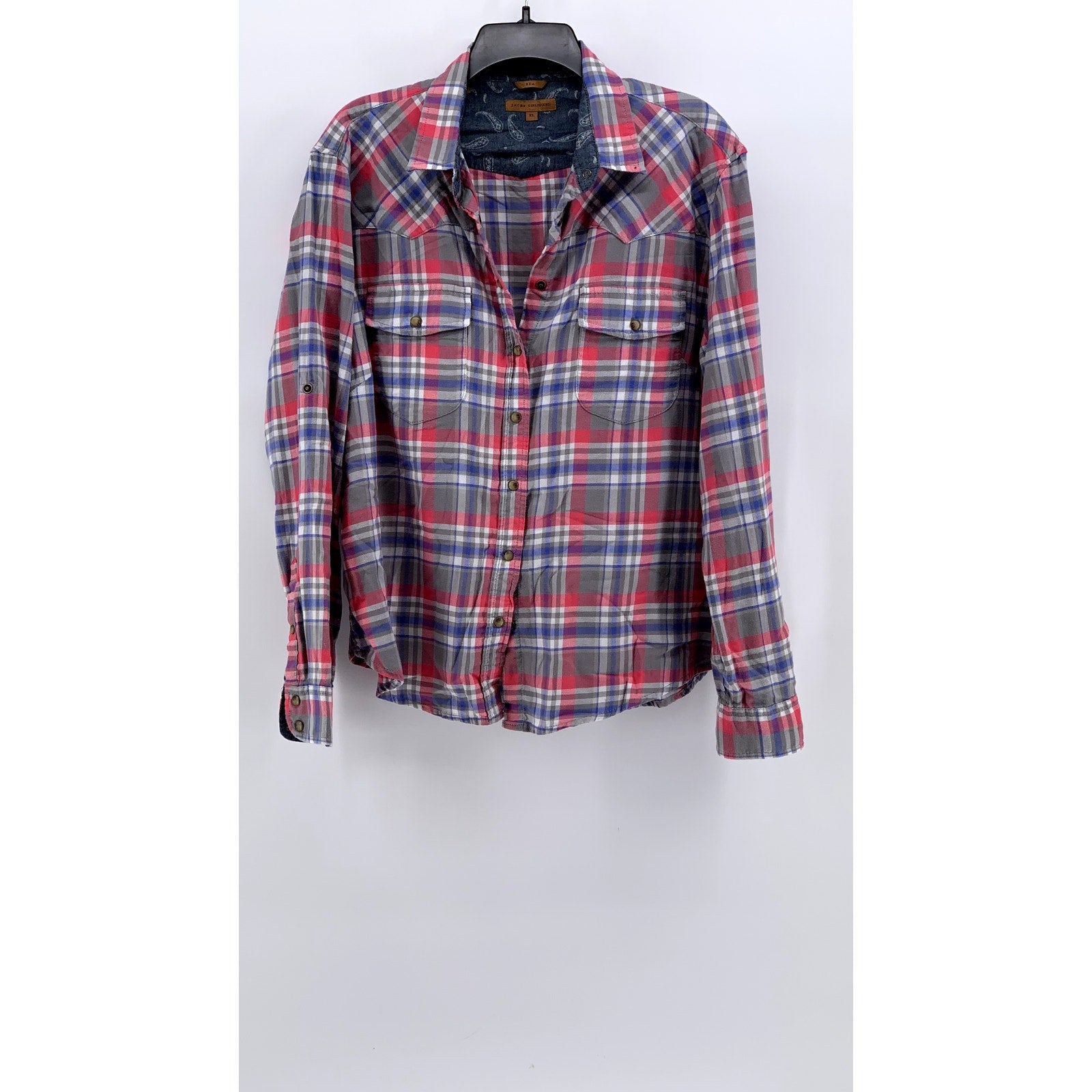 JACHS GIRLFRIEND Women's Multi Plaid Button-Up Long Sleeve Bea Cotton Top SZ XL