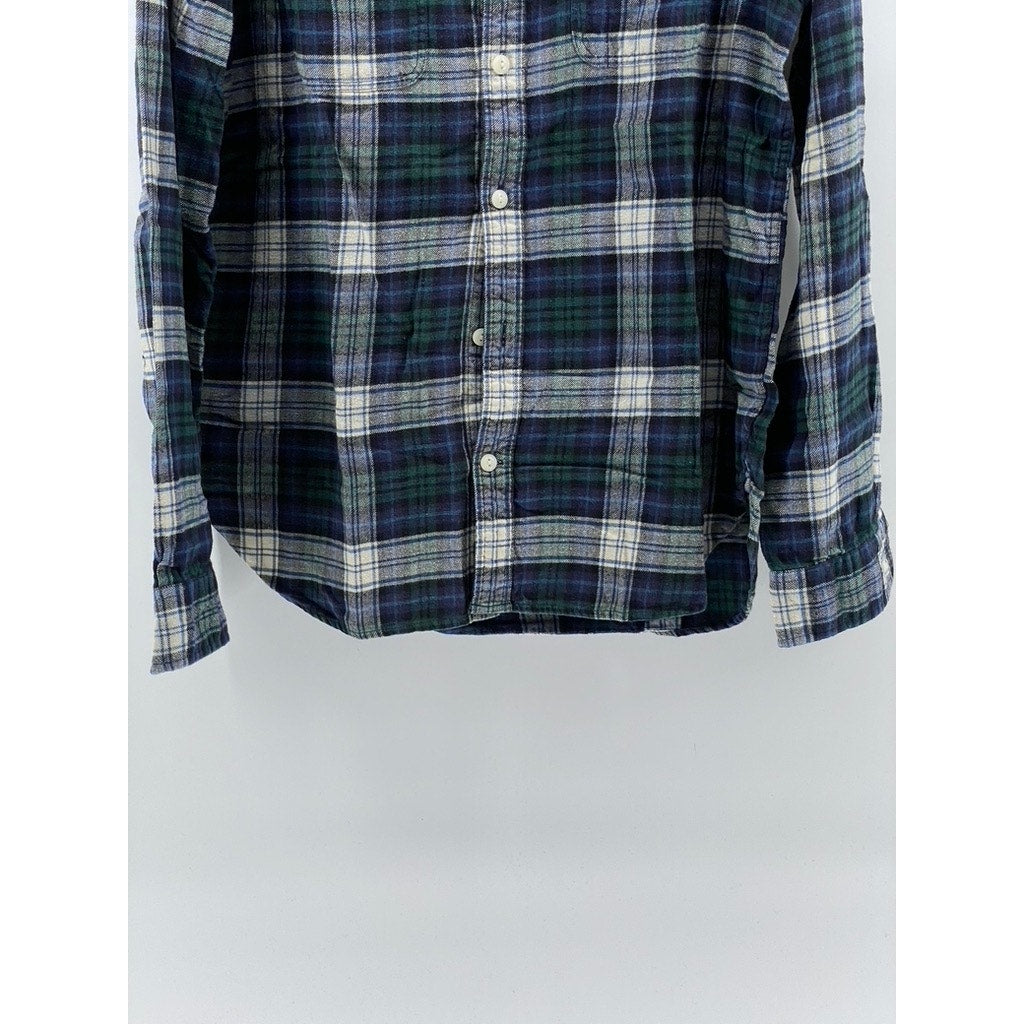 GAP Men's Blue-Green Plaid Button-Up Regular-Fit Long Sleeve Flannel Shirt SZ M