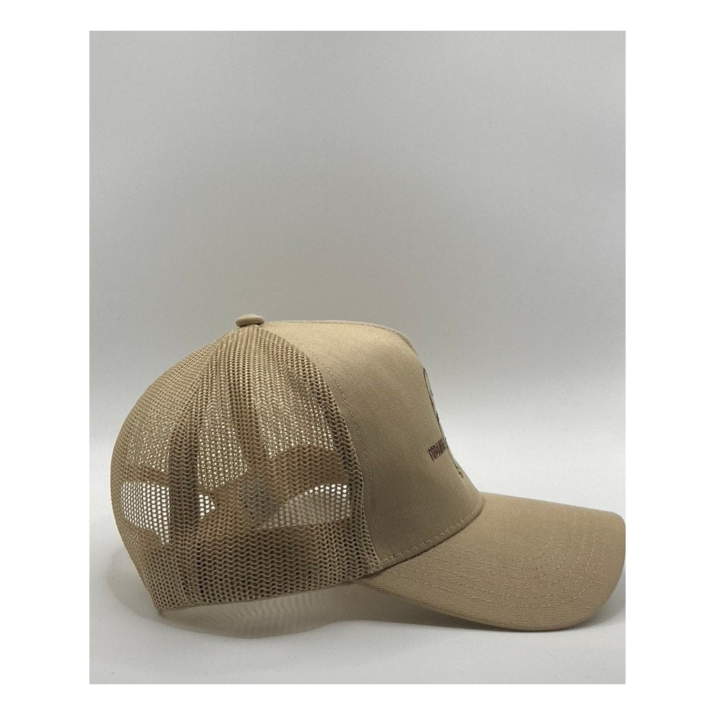 BUSTO AND SUN Men's Tan Embroidered Topanga Shark Logo Mesh Snapback Hat OS