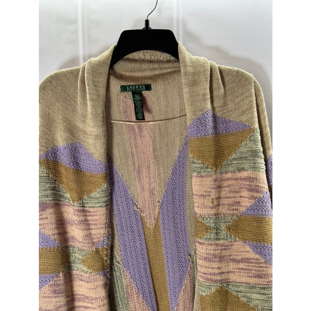 LAUREN RALPH LAUREN Women's Tan/Multi Southwestern Draped Open Cardigan SZ S/M