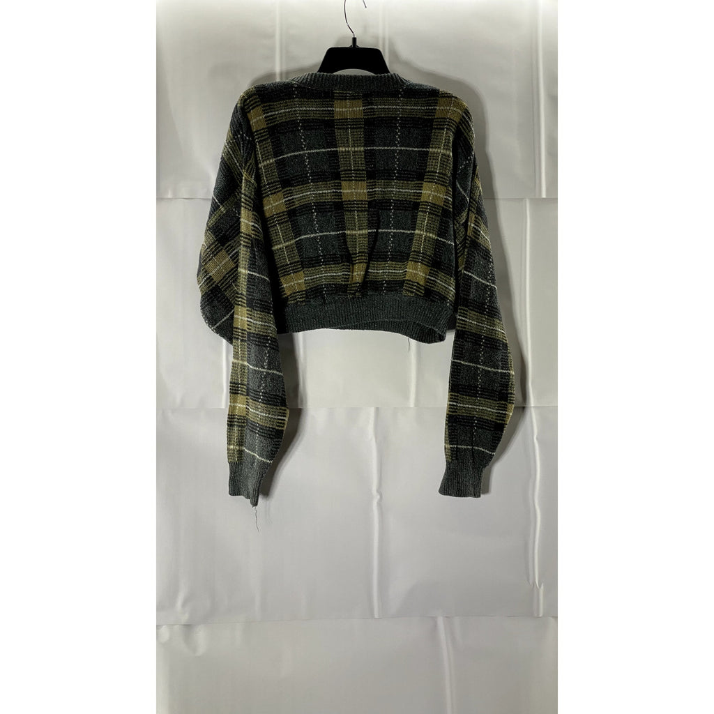 BILL BLASS Women's Blue/Yellow Plaid Crewneck Long Sleeve Cropped Sweater SZ M