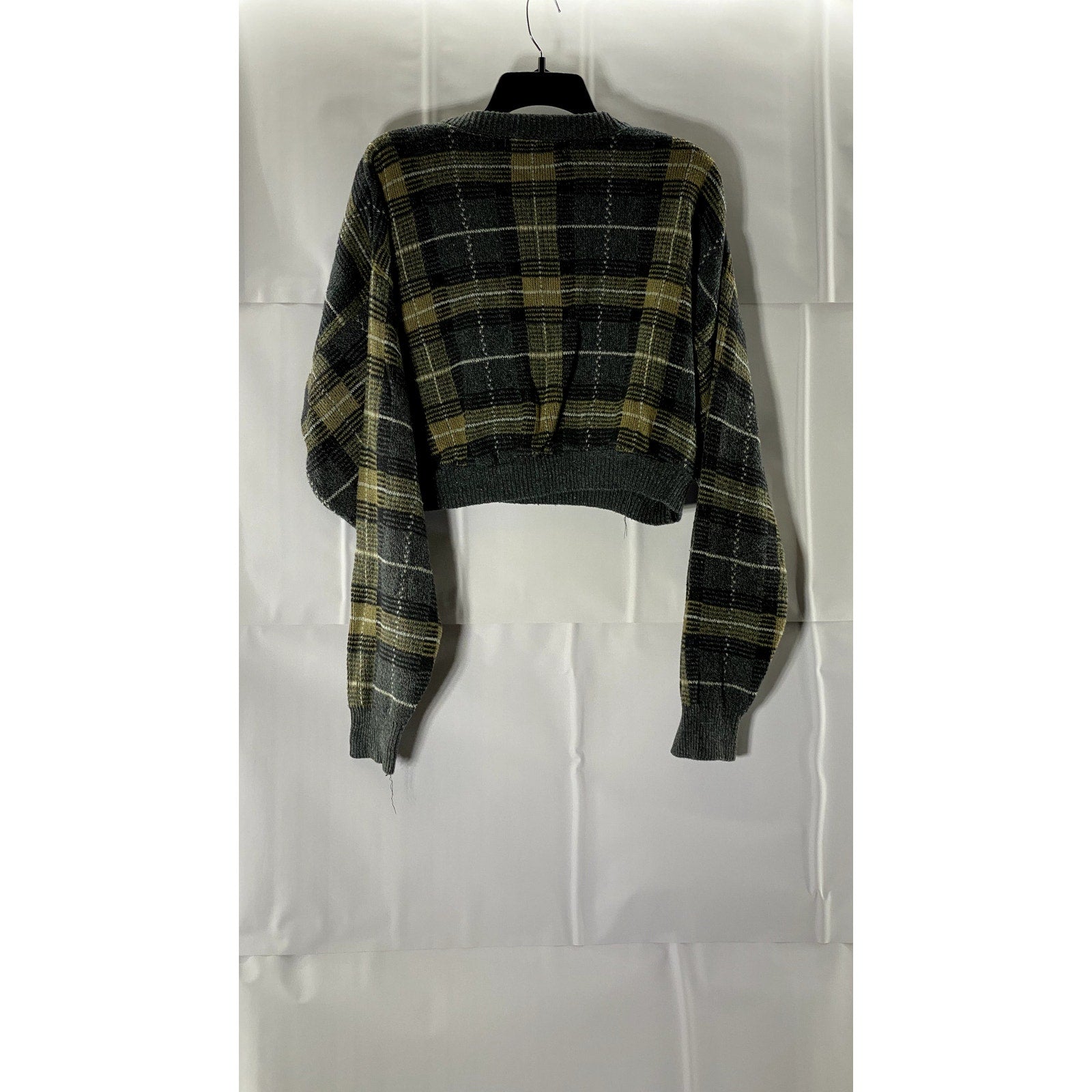 BILL BLASS Women's Blue/Yellow Plaid Crewneck Long Sleeve Cropped Sweater SZ M