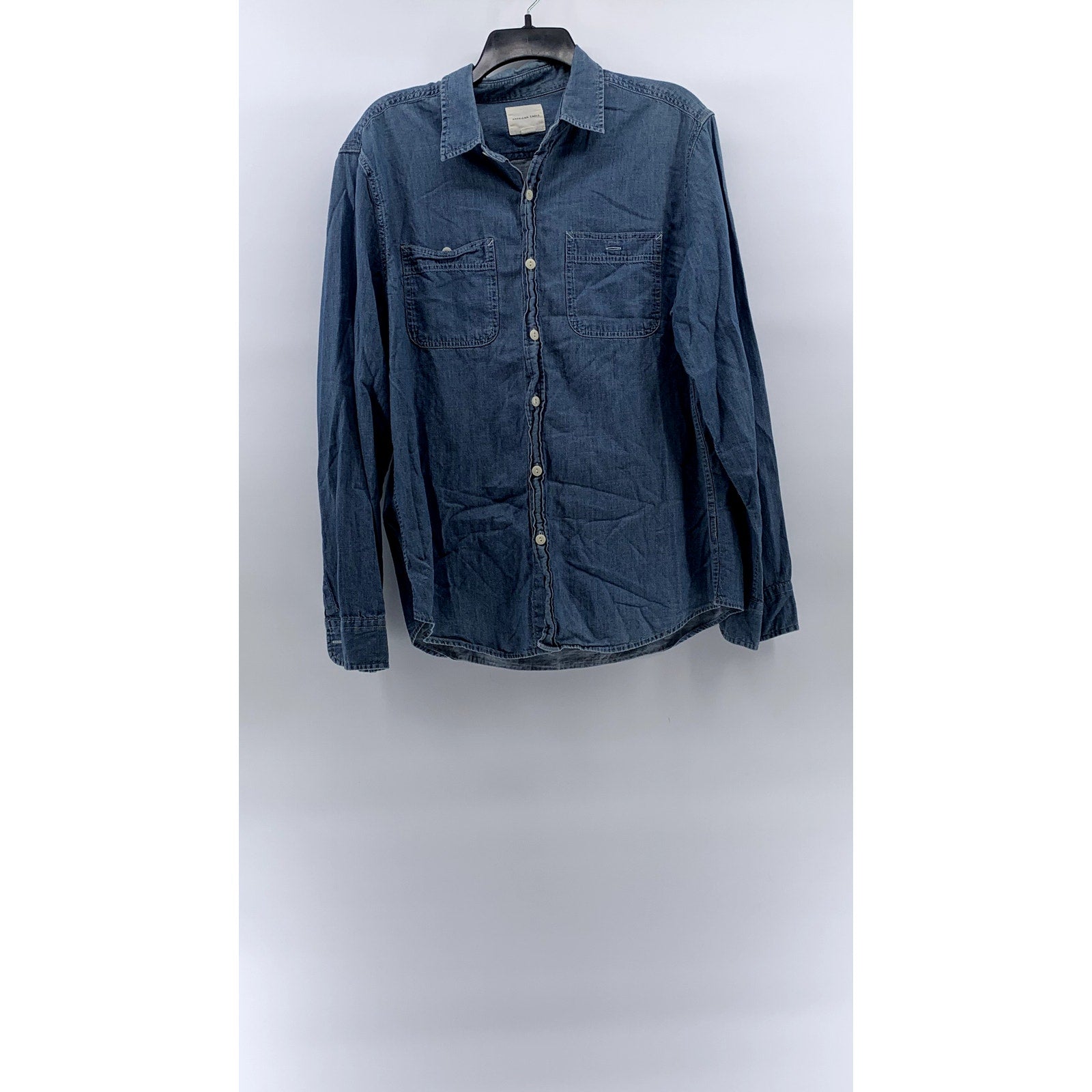 AMERICAN EAGLE Men's Blue Denim Button-Up Long Sleeve Regular-Fit Shirt SZ L