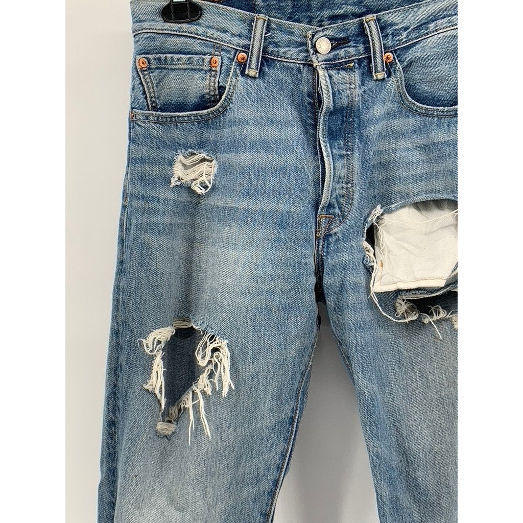 LEVI'S Men's Blue Distressed Denim 501 Original Fit Button-Fly Jeans SZ 31X34