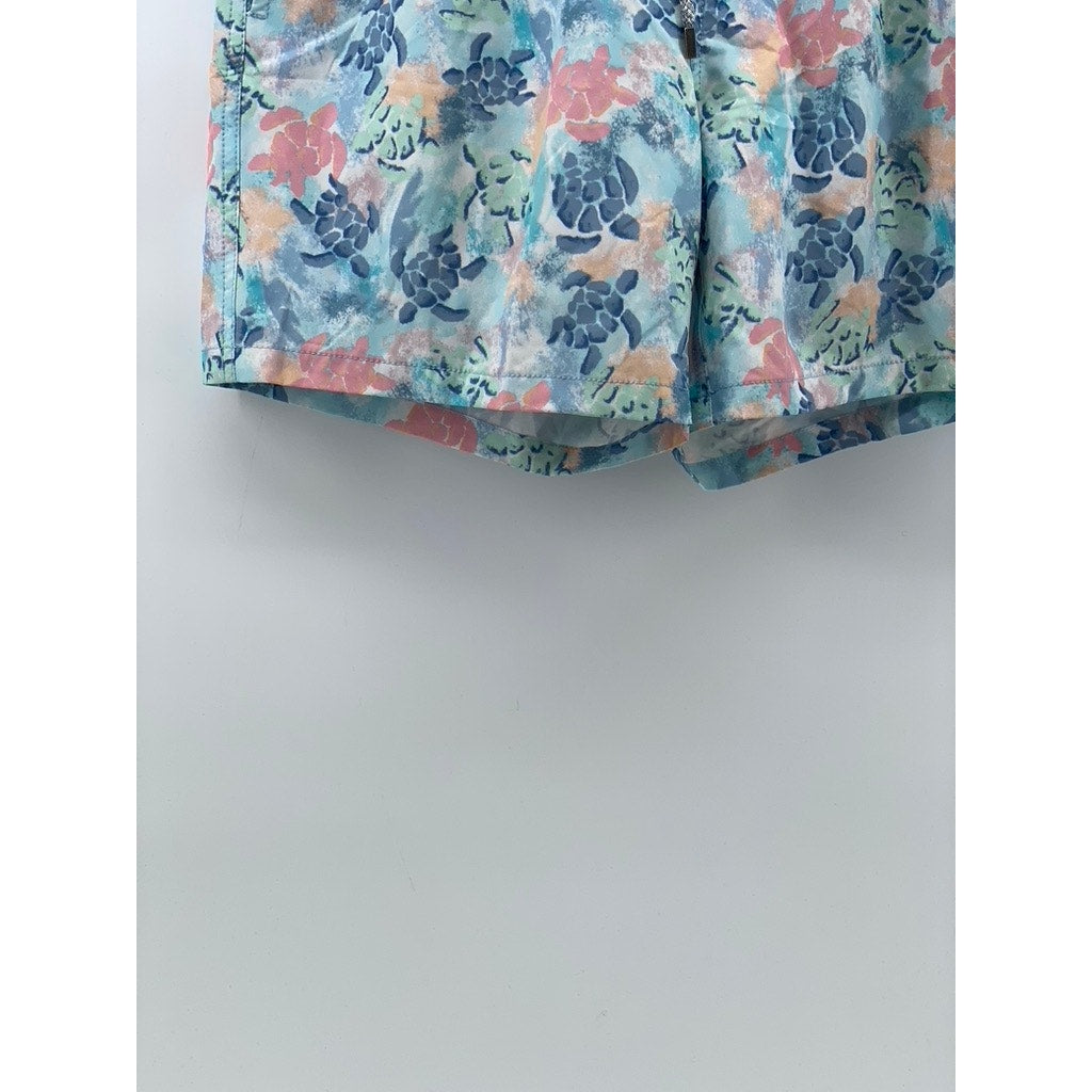 VINTAGE SUMMER Men's Light Blue Turtle Print Drawstring Mesh Swim Shorts SZ M