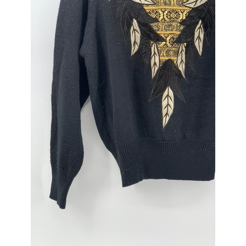 SPANNER IMPORTS Women's Black Vintage 90's Leaf Embroidered Knit Sweater SZ S