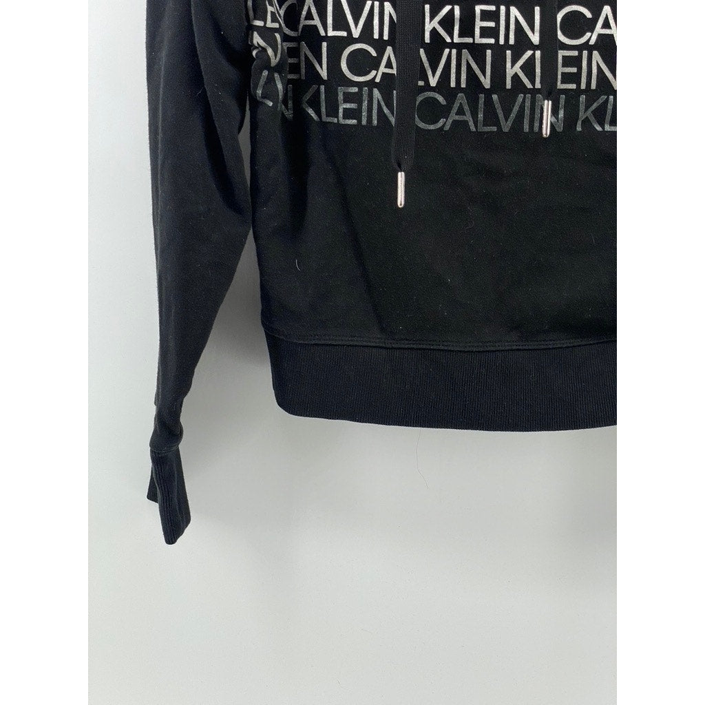 CALVIN KLEIN Women's Black Logo Pullover Hooded Cropped Sweater SZ XS