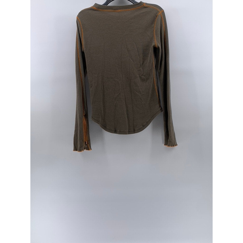FREE PEOPLE Women's Olive Green-Orange Trim Long Zipper Cuff Sleeve Top SZ M