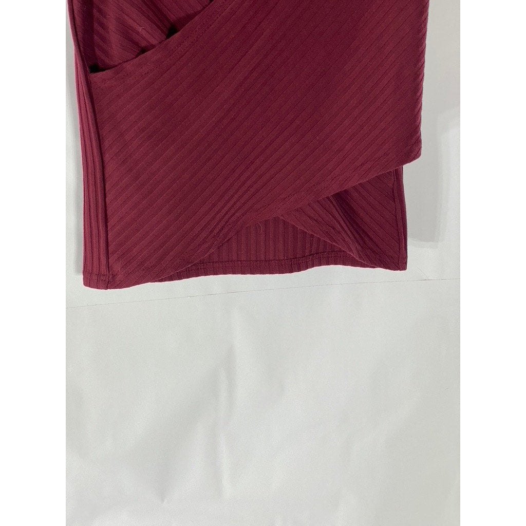 VANILLA STAR Women's Burgundy Ribbed Short Sleeve Wrap Top SZ M