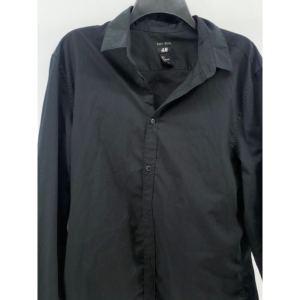 H&M Men's Black Solid Easy Iron Button-Up Long Sleeve Regular-Fit Shirt SZ L
