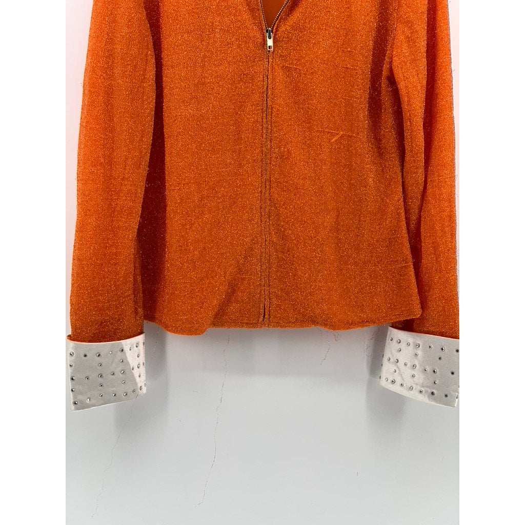 RODS Women's Orange-White Metallic Rhinestone Lightweight Zip-Up Top SZ L