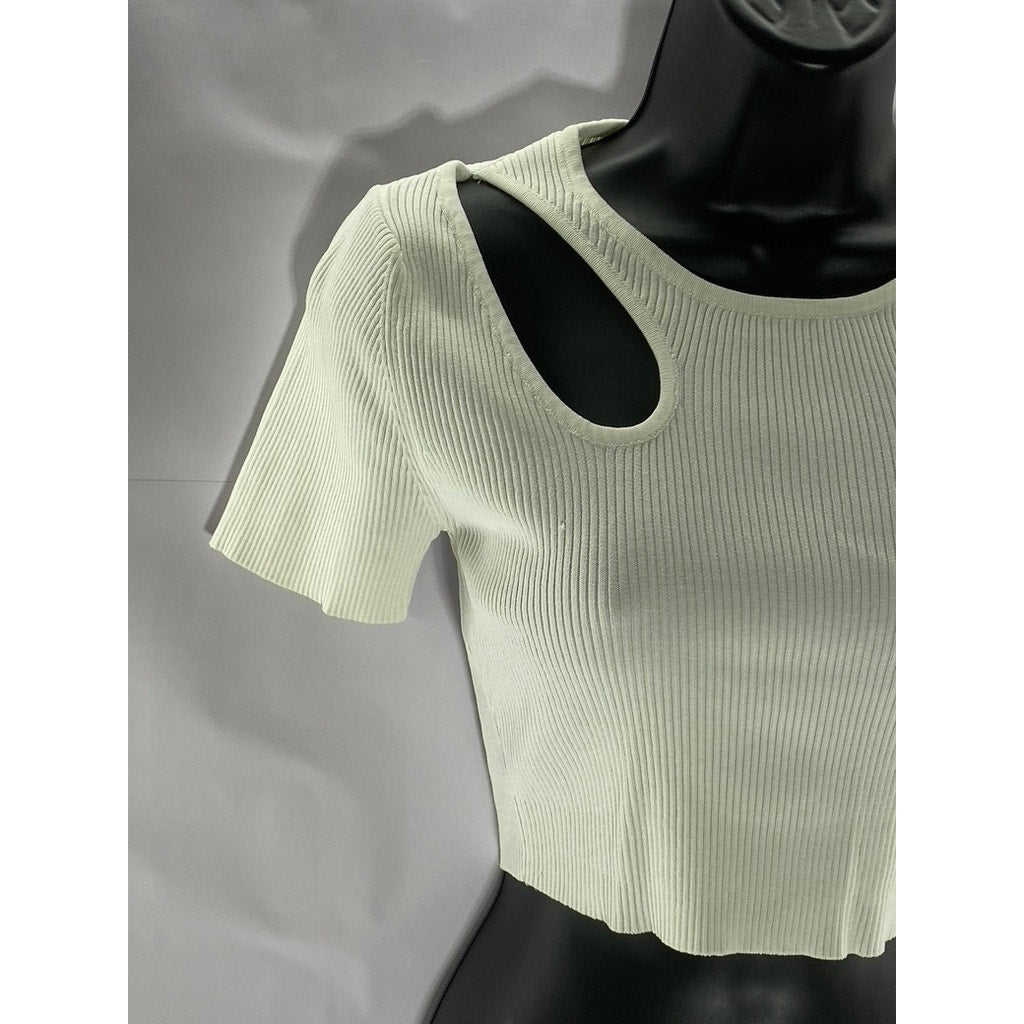 ZARA Women's White Ribbed Cutout Shoulder Crewneck Short Sleeve Crop Top SZ S