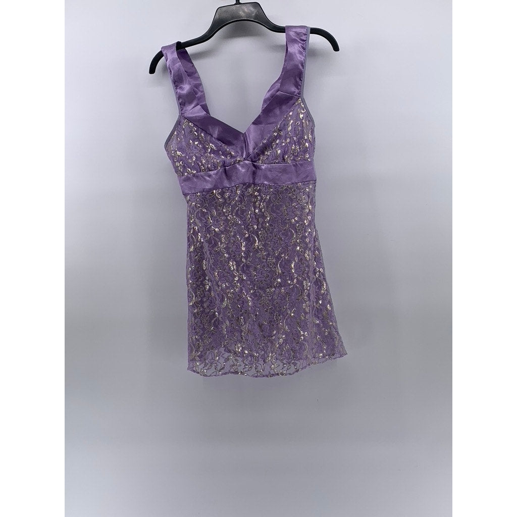 UNBRANDED Women's Purple-Gold Metallic Floral Lace V-Neck Night Gown SZ S