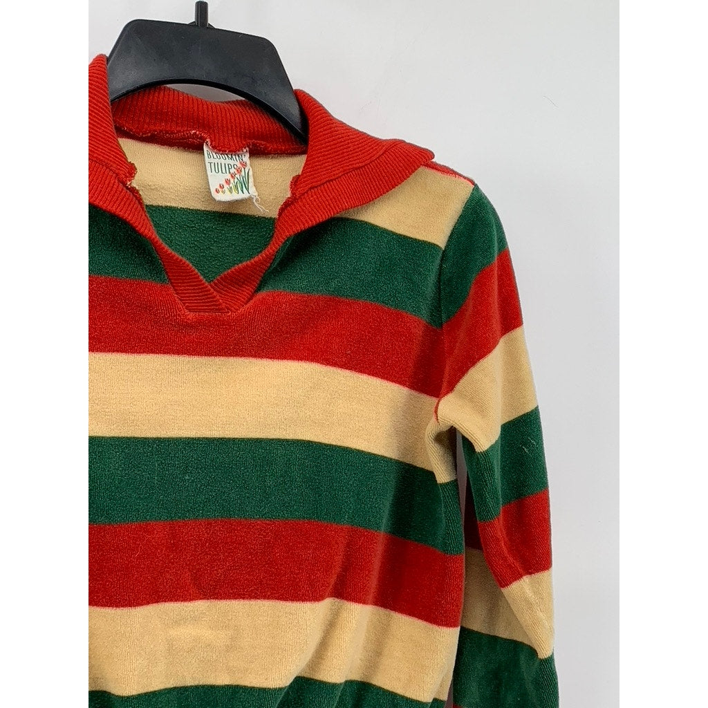 BLOOMIN TULIPS Women's Vintage Green-Yellow-Red Striped Long Sleeve Polo Top SZS