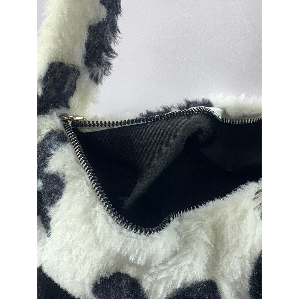 UNBRANDED Women's Black-White Floral Print Faux-Fur Shoulder Bag