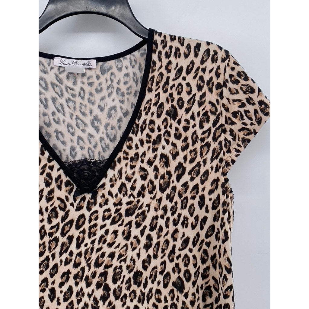 LINEA DONATELLA Women's Brown-Black Animal Print V-Neck Pajama Gown SZ L