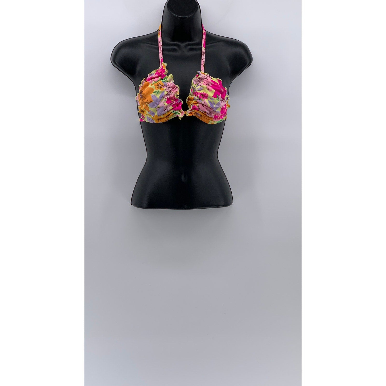 WILD FABLE Women's Green-Pink Floral Print Ruffle-Trim Triangle Bikini Top SZ S