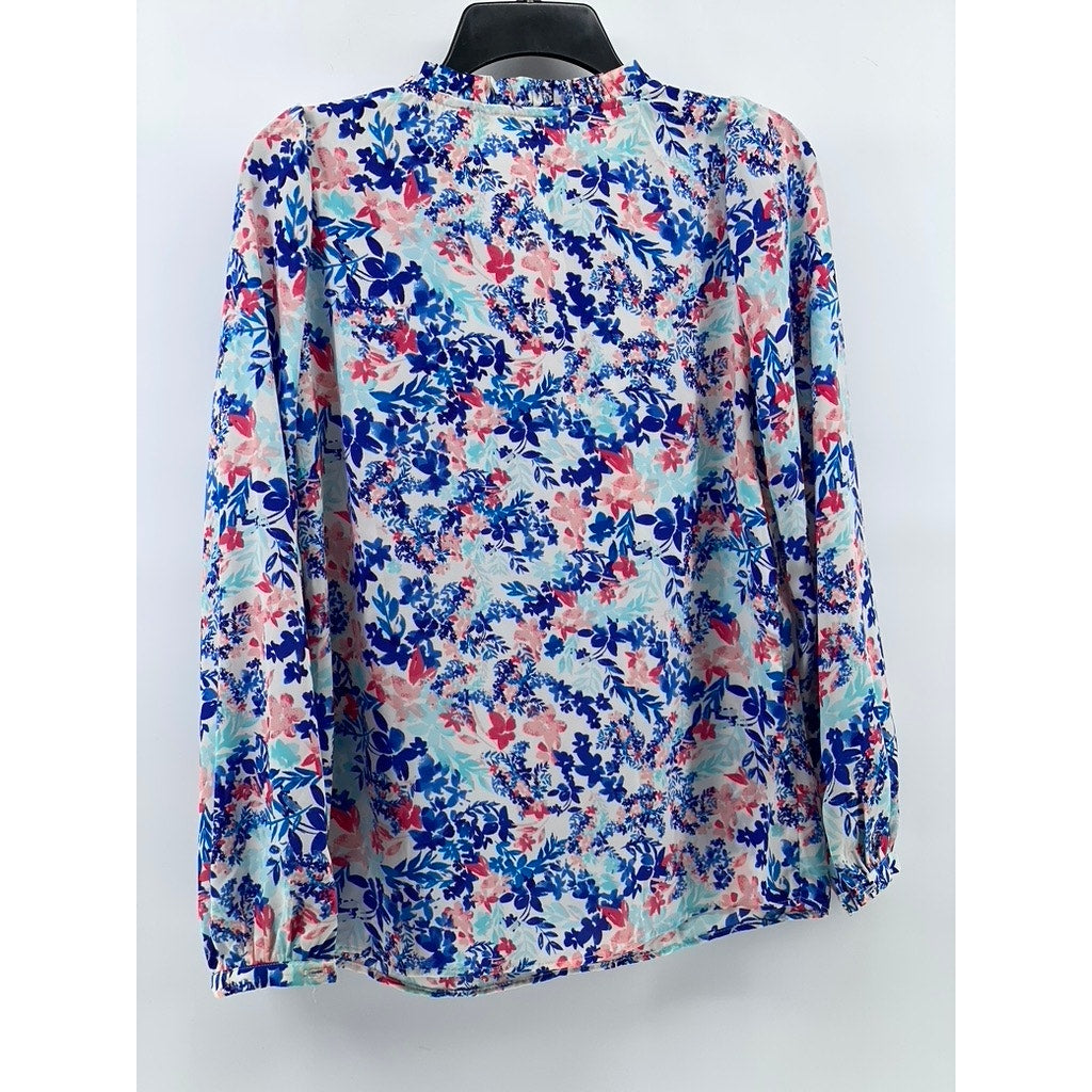 TALBOTS Women's Blue Floral Print Long Sleeve Henley Collar Shirt SZ XS