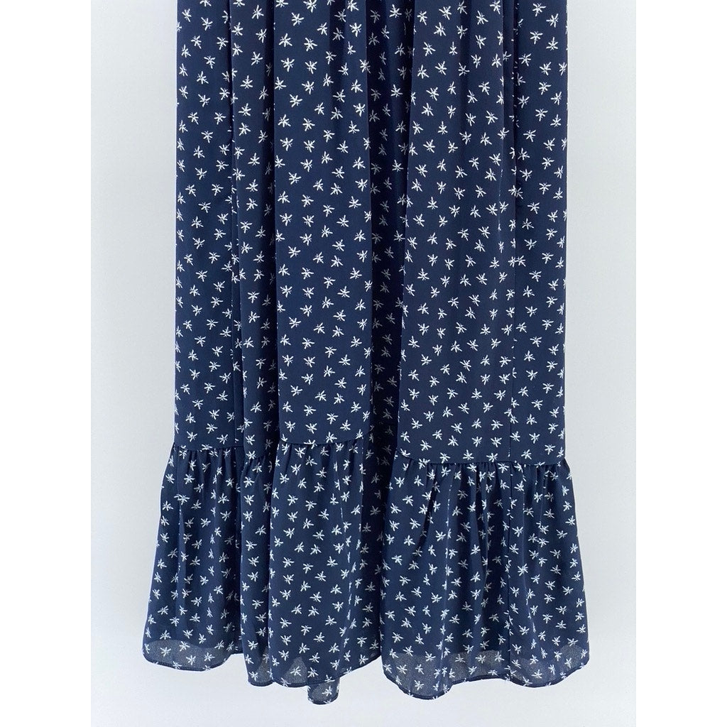 J.CREW MERCANTILE Women's Blue-White Printed Split-Neck Midi A-Line Dress SZ XXS