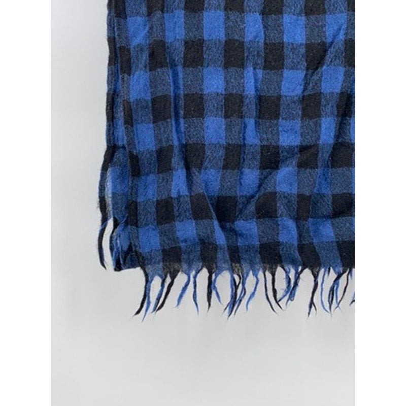 UNBRANDED Blue-Black Checkered Fringe Knit Scarf