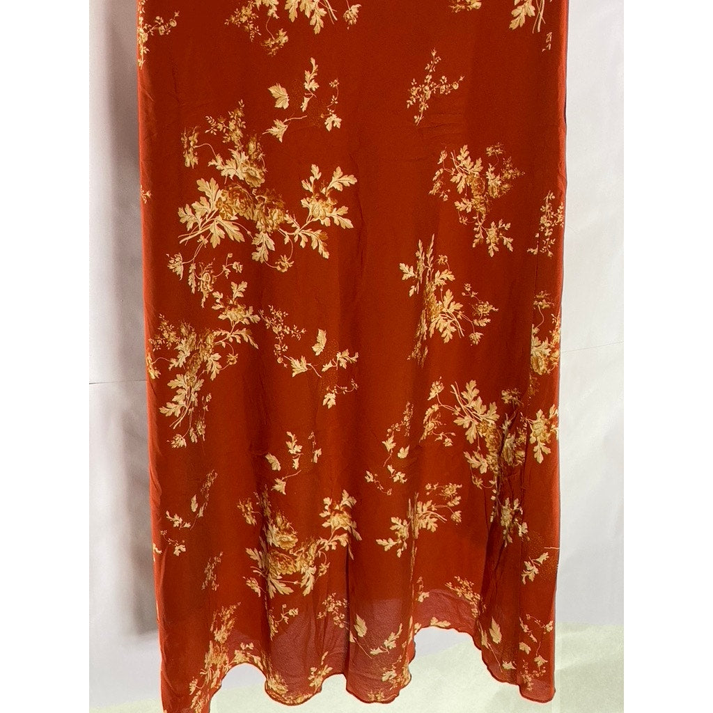 SIMPLE RETRO Women's Red Satin Floral Tall Strappy V-Neck Midi Dress SZ S