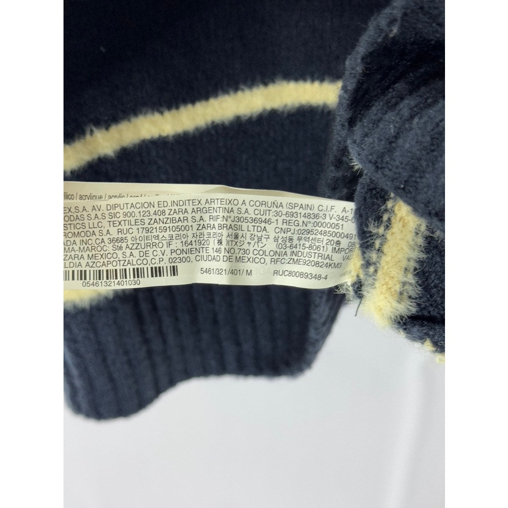 ZARA Men's Navy/Yellow Crewneck Striped Pullover Sweater SZ M