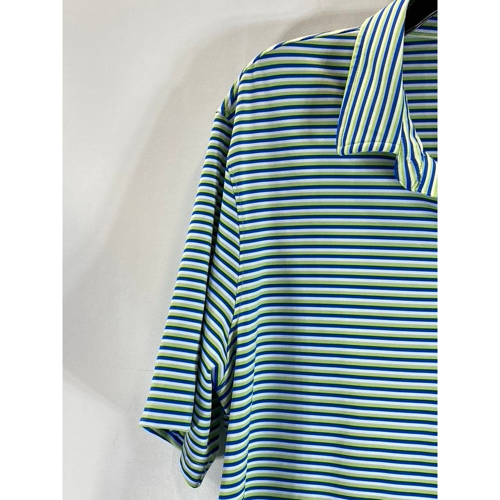LANDS' END Men's Green/Blue Striped Shoe Graphic Short Sleeve Polo SZ M