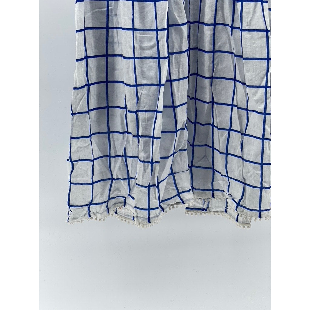 UNBRANDED Women's Blue-White Windowpane Half-Button Sleeveless Mini Dress SZ S