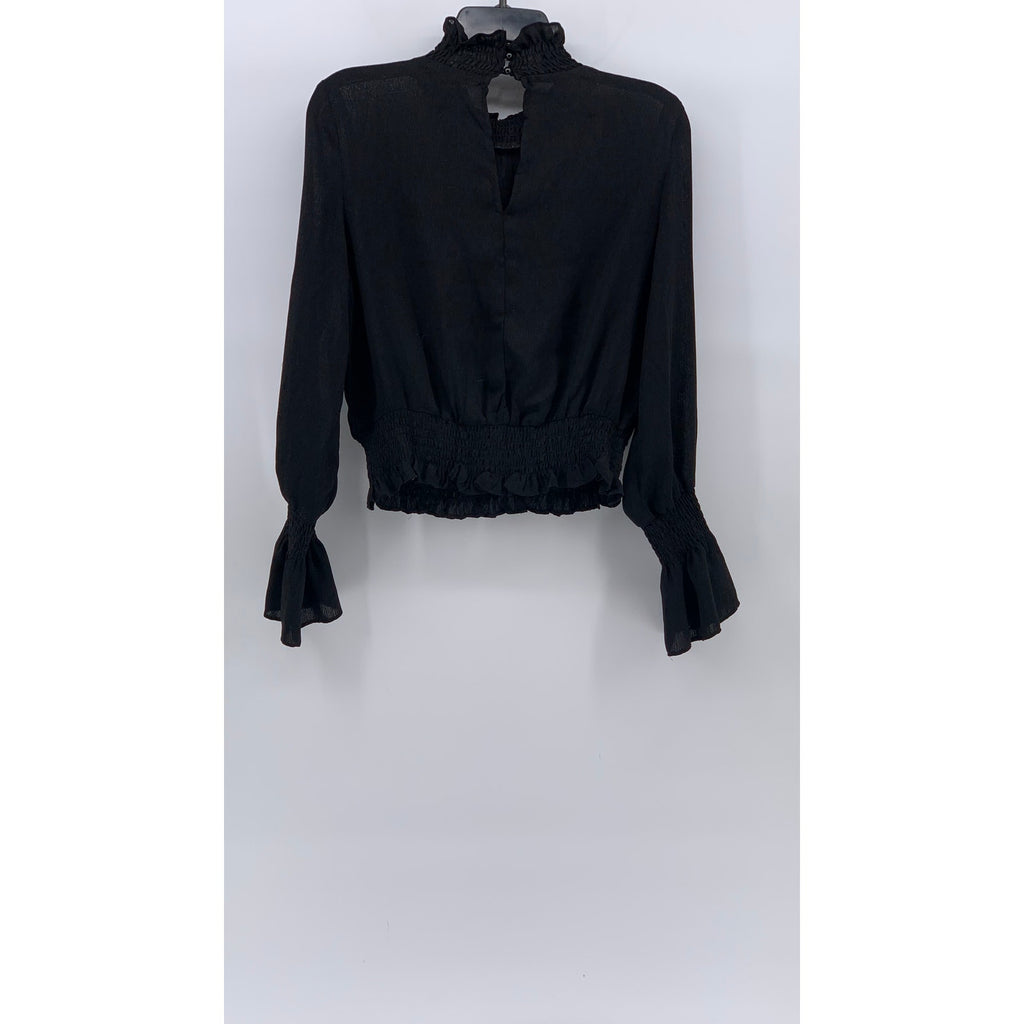 UNBRANDED Women's Black Sheer Mock-Neck Long Bell Sleeve Top SZ S