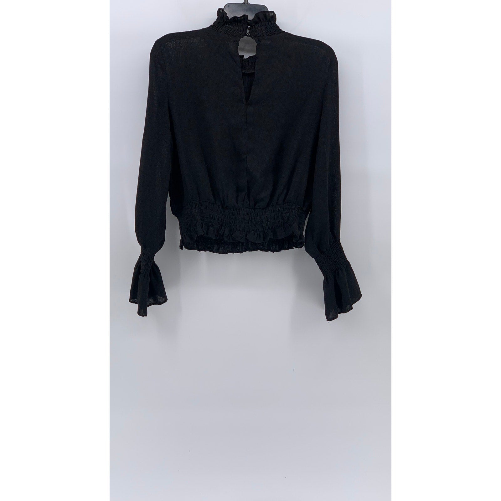 UNBRANDED Women's Black Sheer Mock-Neck Long Bell Sleeve Top SZ S