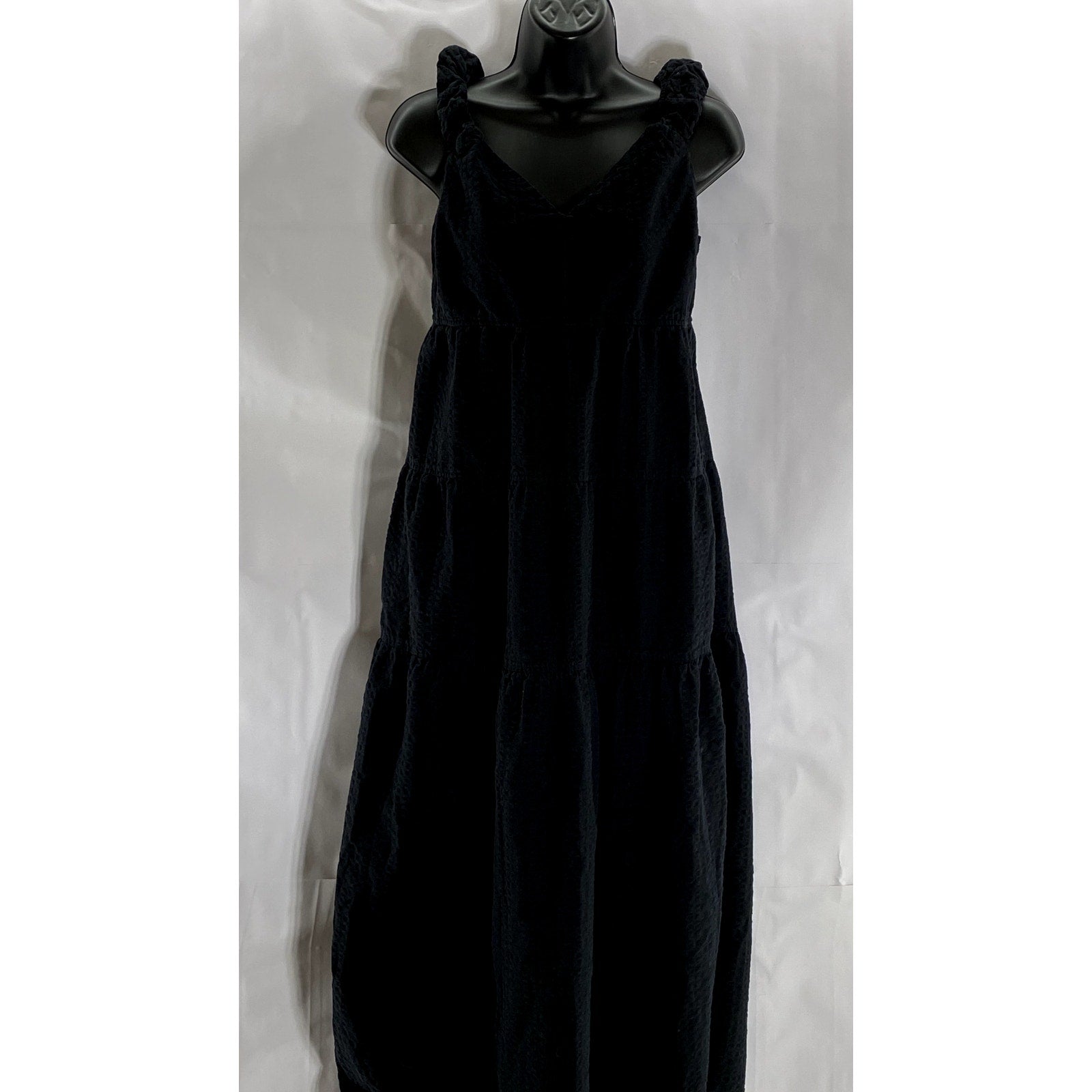 OLD NAVY Women's Black Solid V-Neck Ruffle-Sleeve Tie-Bust Tiered Maxi Dress SZM