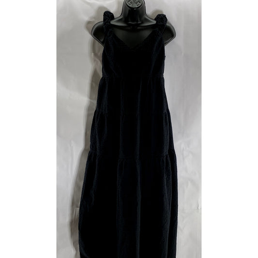 OLD NAVY Women's Black Solid V-Neck Ruffle-Sleeve Tie-Bust Tiered Maxi Dress SZM