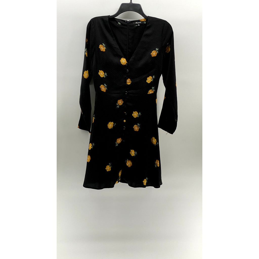 MADEWELL Women's Black-Yellow Lilyblossom Button-Front Long Sleeve Dress SZ 00