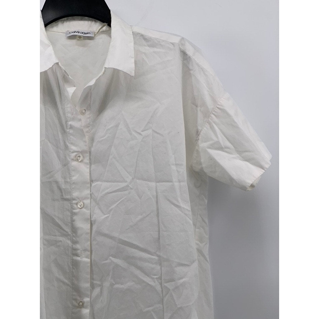 CALVIN KLEIN Women’s White Solid Button-Up Short Sleeve Oversized Top SZ XS