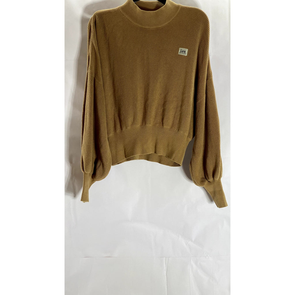 LEE Women's Brown Patch Logo Ribbed Mock-Neck Pullover Sweater SZ 14(L)