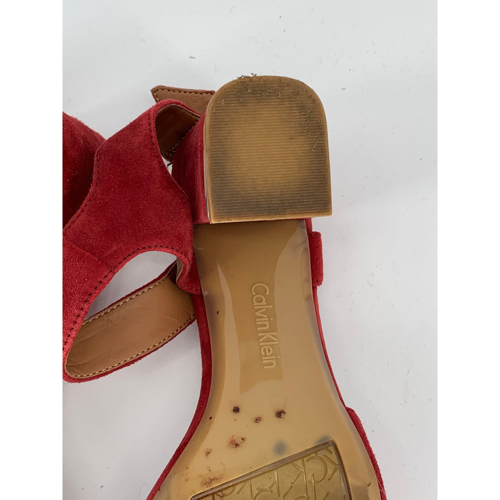 CALVIN KLEIN Women's Red Faux-Suede Open Toe Block-Heel Ankle Strap Sandals SZ 7