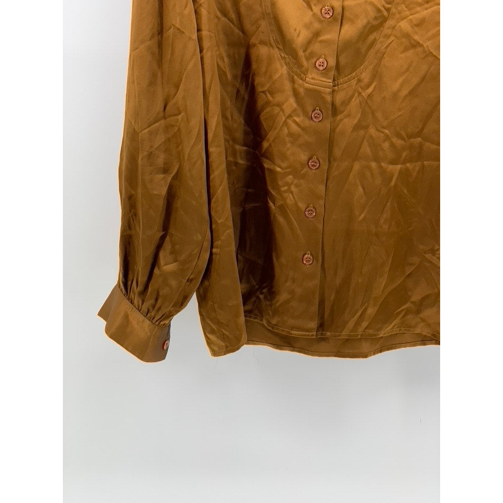 HARVE BENARD Women's Vintage Brown Button-Up Regular-Fit Long Sleeve Top SZ M