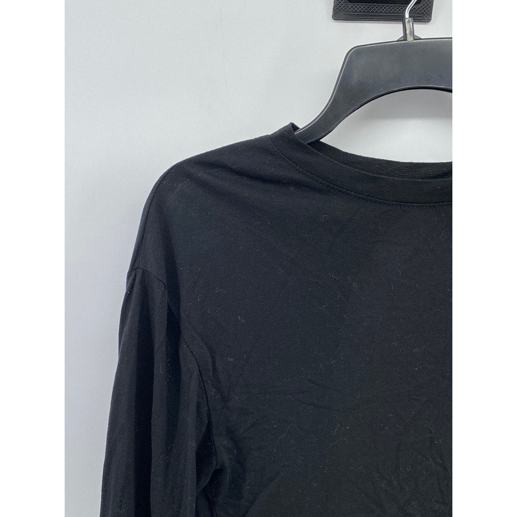 UNBRANDED Women's Black Crewneck Long Sleeve Tie-Back Keyhole Cropped Top SZ S