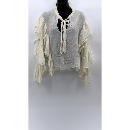 ZARA TRAFALUC COLLECTION Women's Off-White Tie-Neck Long Ruffle Sleeve Top SZ XL